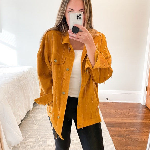 FARM Rio Jackets & Blazers - Farm Rio Corduroy Beaded Tassel Jacket Mustard Yellow Orange Size Small